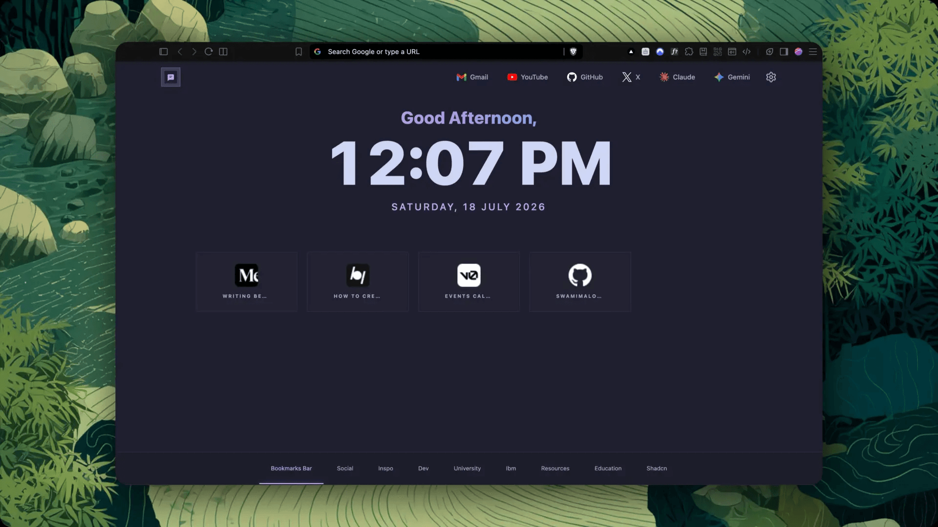 Starboard displayed as a browser new tab with time and bookmarked links